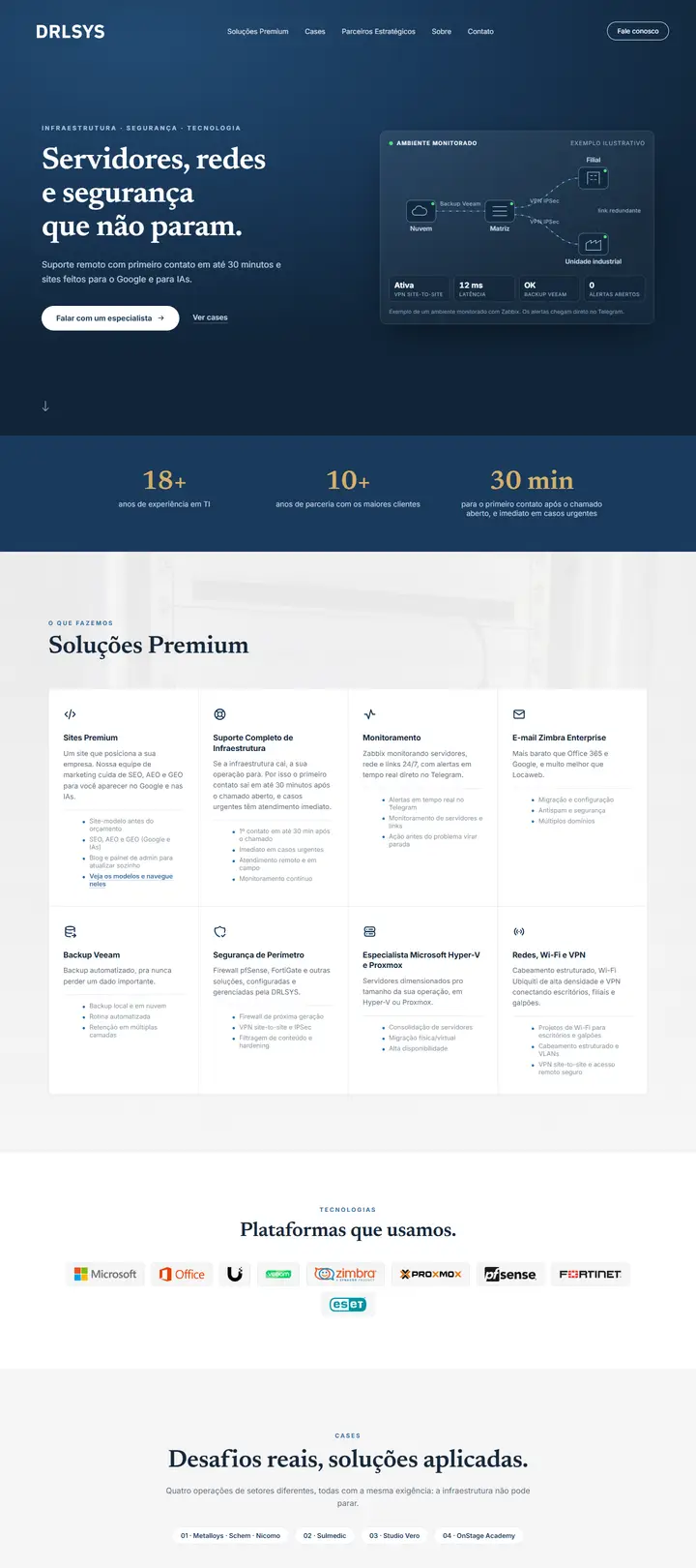 Site da DRLSYS, empresa de infraestrutura de TI